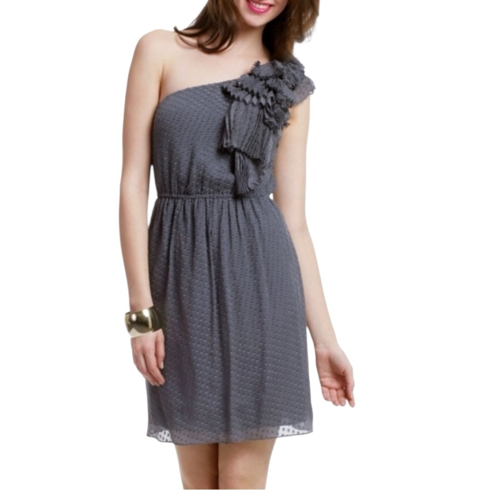 REBECCA TAYLOR Silk One-Shoulder Ruffle Waterfall Dress in Grey Size M/8 -- WOW!